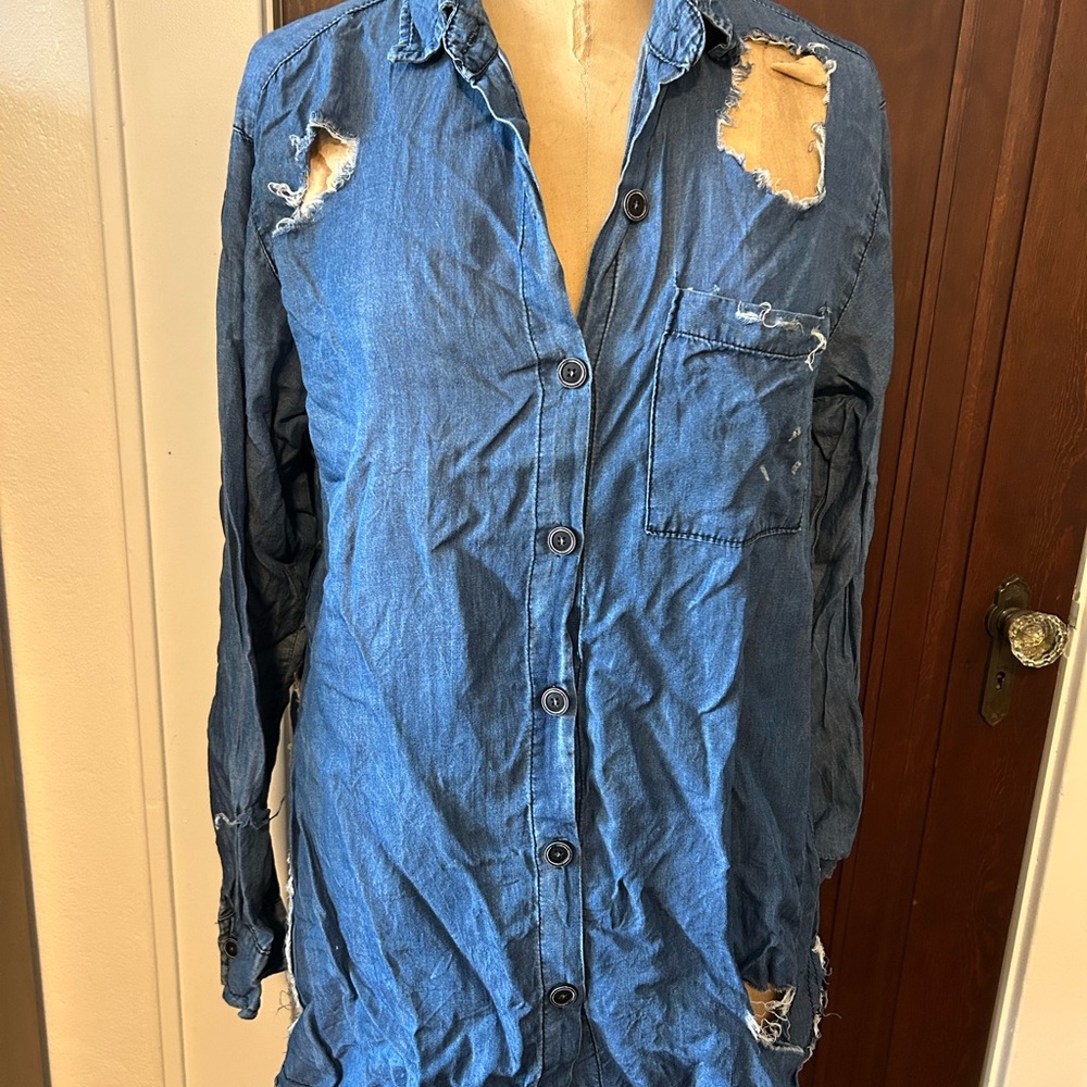 Distressed Blue Button Down Shirt